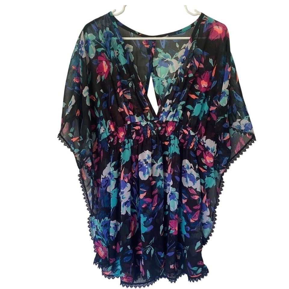 Floral Swimsuit Cover Up Sheer Black Lace Trim Detail