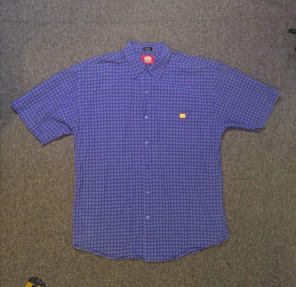 Ecko Unltd Shirt Men's XL Button up Short Sleeve Plaid Blue Preppy Rhino Y2K Tee