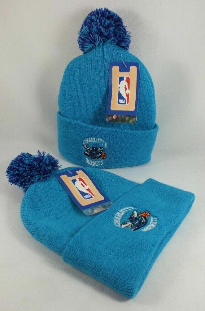 One NBA Charlotte Hornets Knit beanie Hat Cap Cuffed Teal Blue w/ Pom OSFM New