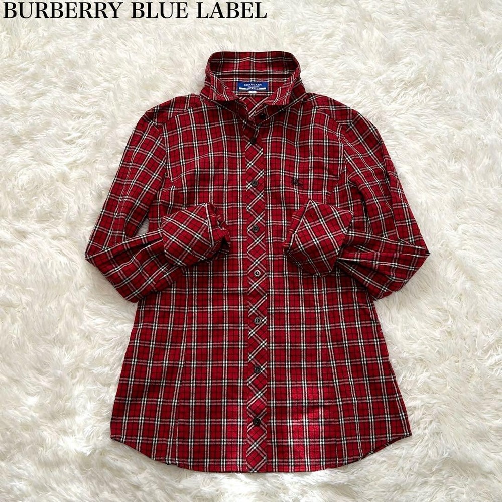 BURBERRY BLUE LABEL Long Sleeve Shirt Check Red Cotton Women Size 38 Used