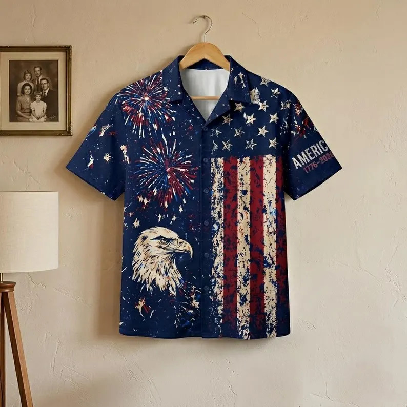 America 250th Anniversary Patriotic USA Flag Eagle Hawaiian Shirt