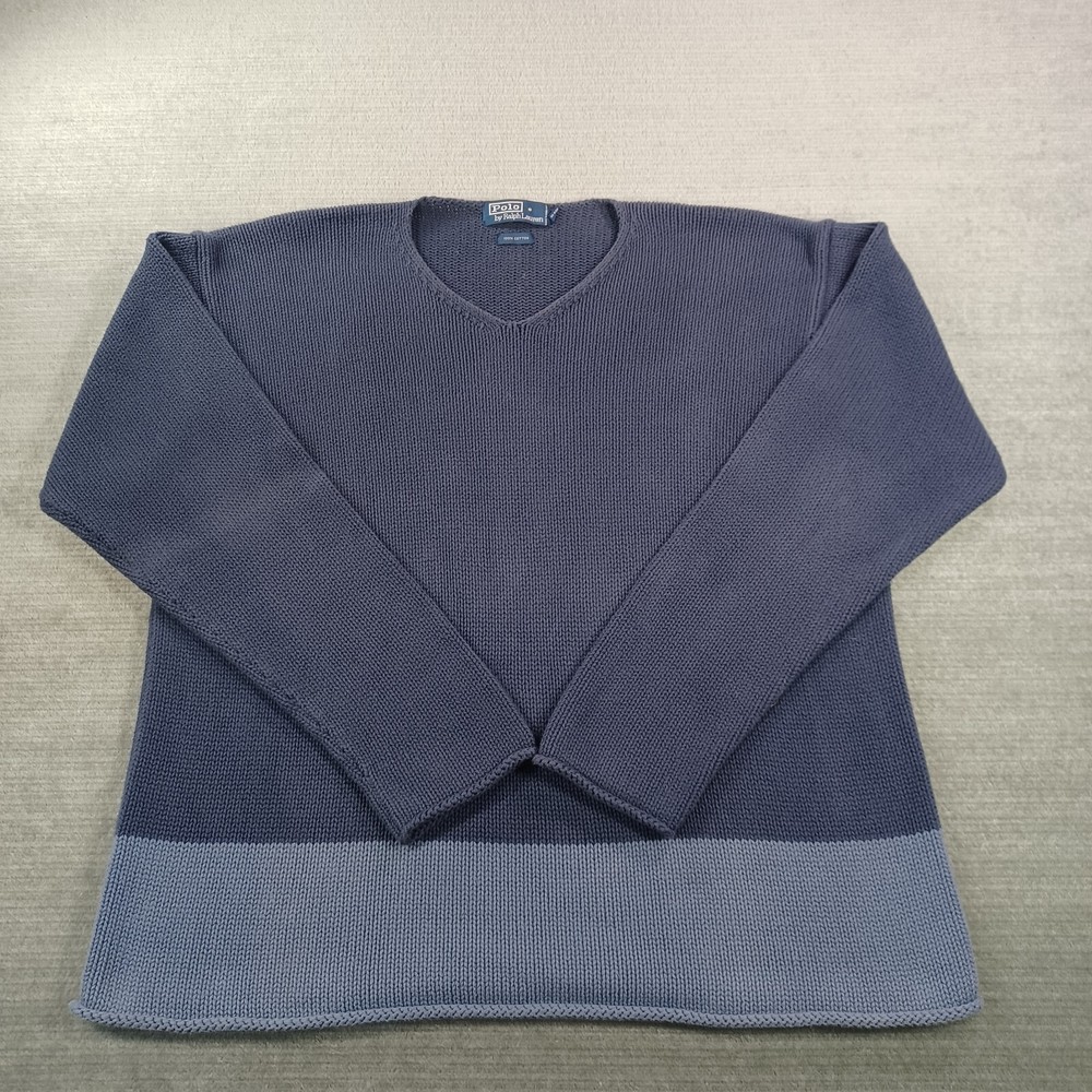 Polo Ralph Lauren Sweater Mens L Blue Knit Color Block Stretch Casual Midweight