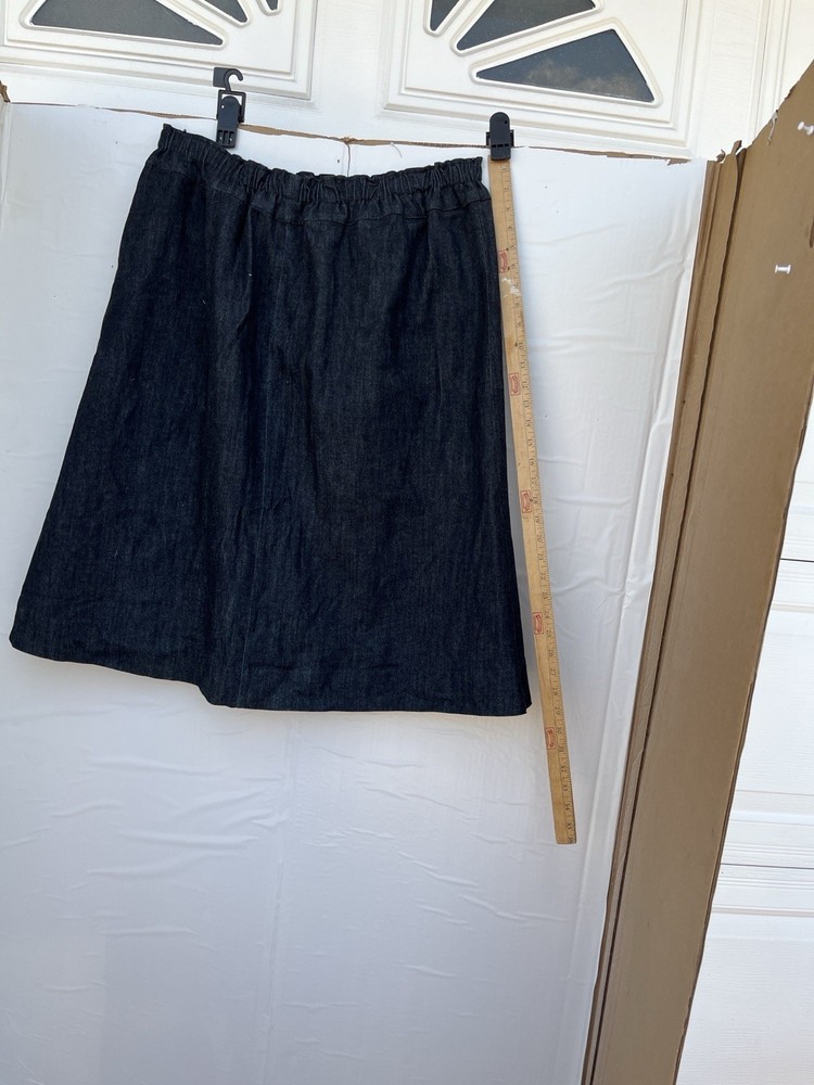 Dark Blue Denim A-Line Skirt Elastic Waist High Rise Knee Length Women's