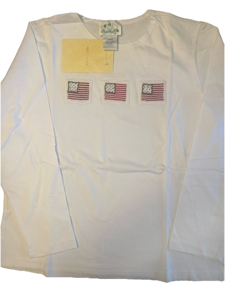 Quacker Factory Womens White Top Lg American (3) FlagsEmbroidered 3/4 Sleeve