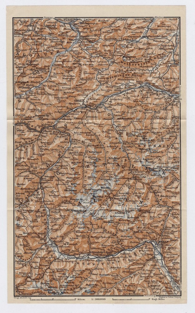 1910 Original Antique Map Of Ötztal Alps Inn Valley Tyrol / Austria / Italy