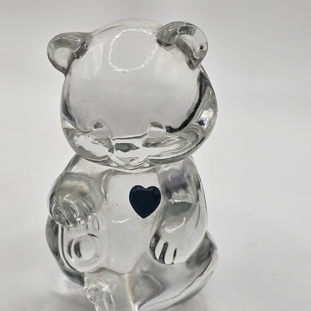 Fenton Birthstone Bear Glass Figurine Blue Heart Label Stamped Glows Vintage