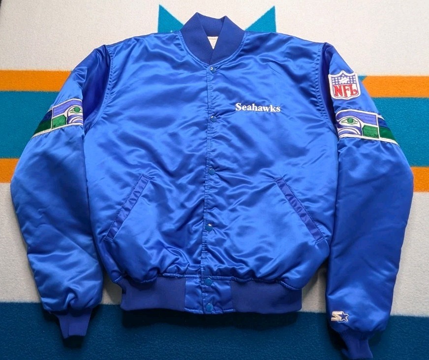 Vintage Seattle Seahawks Satin Starter Bomber Jacket USA Made Quilt Lined XL