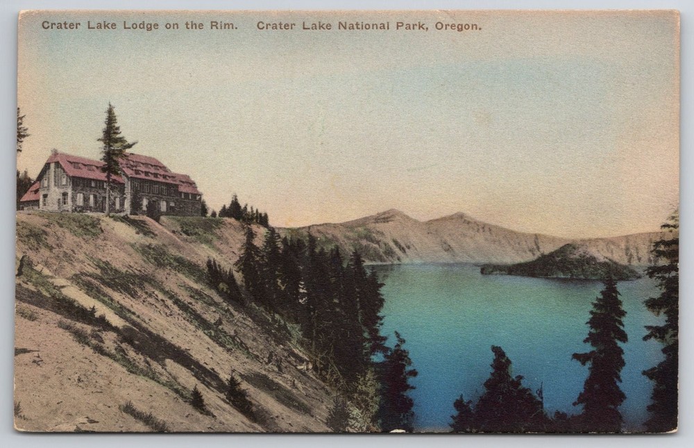 Hand Colored Crater Lake Lodge Rim Postcard Oregon National Park  Albertype