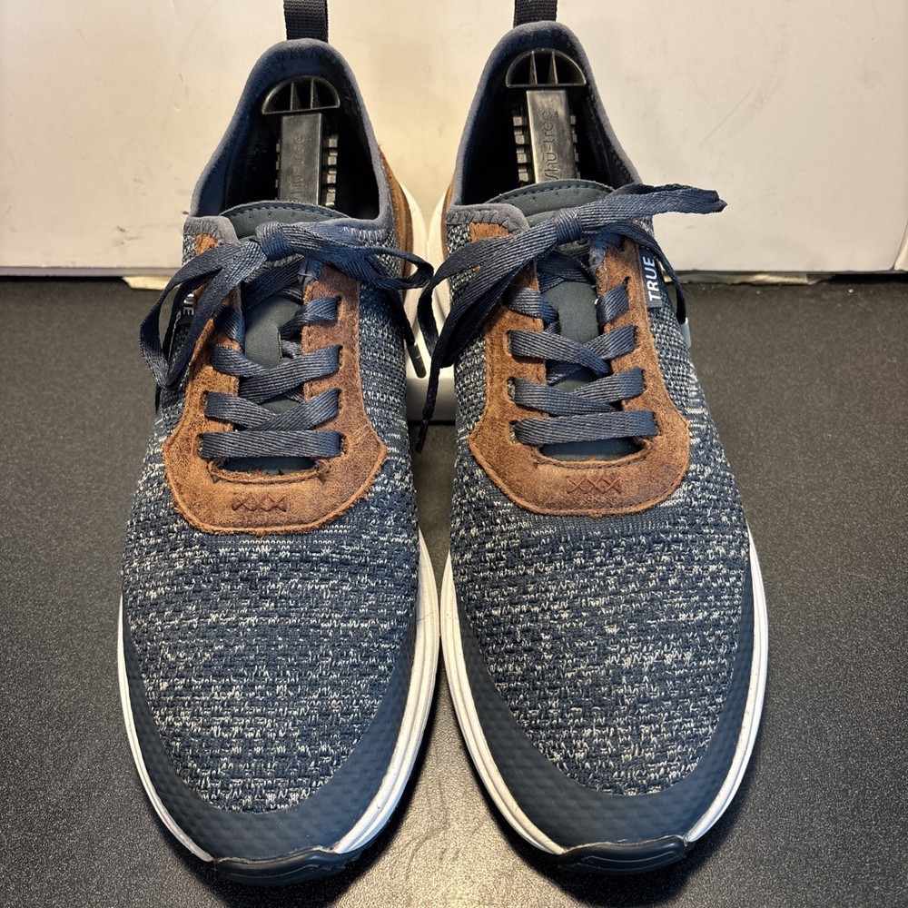 True Linkswear Mens Size 11 Navy Knit Wanderlux Golf Shoes Brown Leather Trim