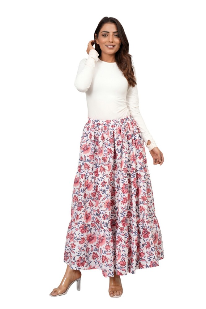 Women Block Printed 100% Cotton Maxi Long Skirt with Elastic Waist- Multi Floral