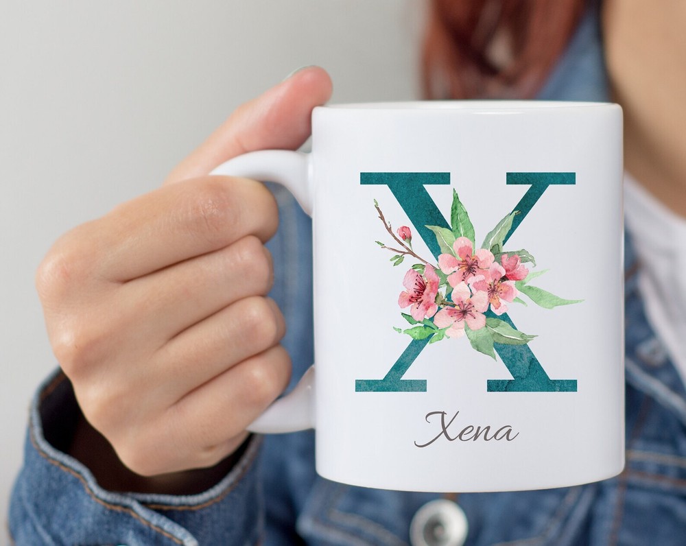 Personalized Monogram Initial Name Mug Floral Alphabet Cup Birthday Gift