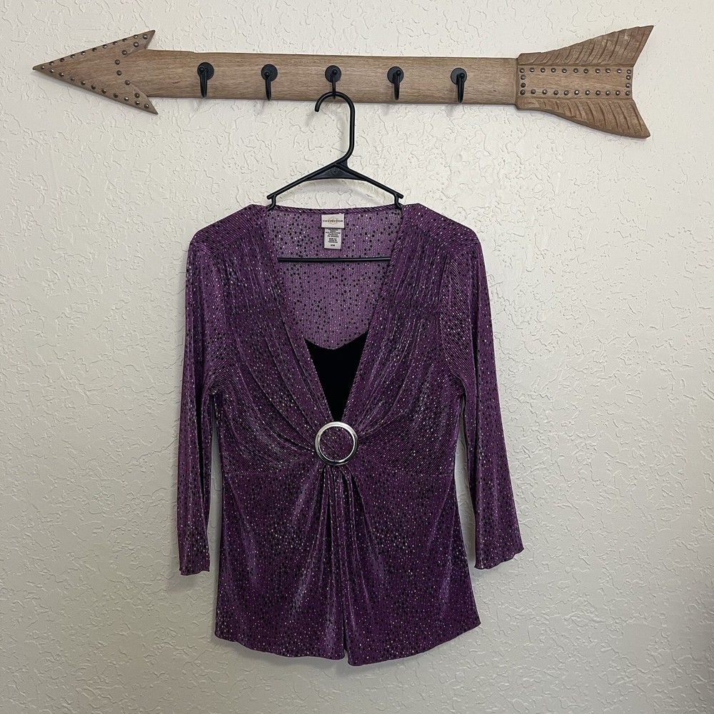 Covington | Purple Dot Satin Shiny 3/4 Sleeve Dot Top Vintage 9s Clubwear Medium