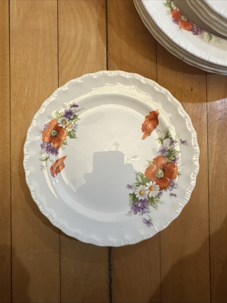 Pope Gosser China Scalloped Rose Dessert Plates 7-1-4” Set Of 4 Vintage