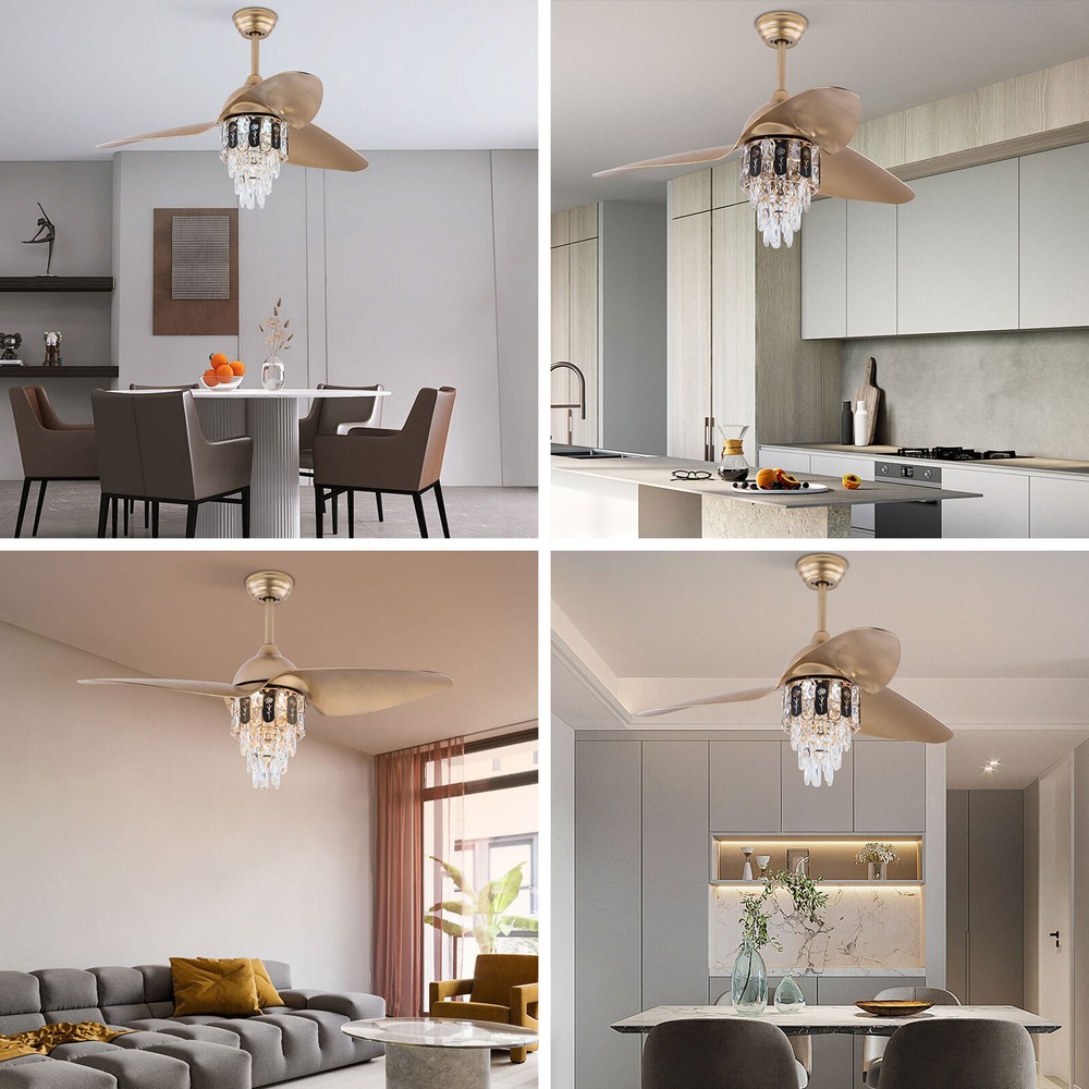 48 Inch Crystal Ceiling Fan with Remote Control Retractable Chandelier Fandelier Light