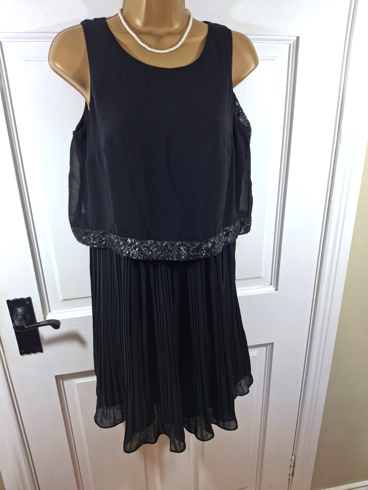 Coast Black Sequinned Pleated Lined Dress, UK 12, New Without Tags