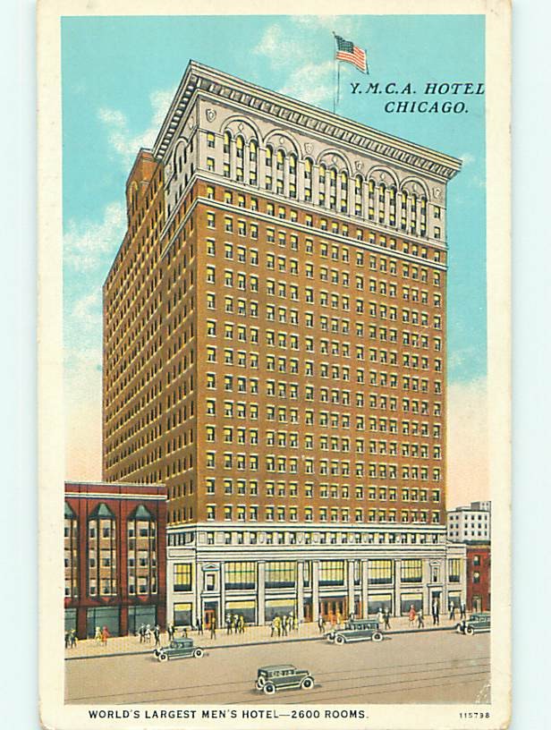 Unused W-Border OLD CARS & YMCA HOTEL Chicago Illinois IL u9518