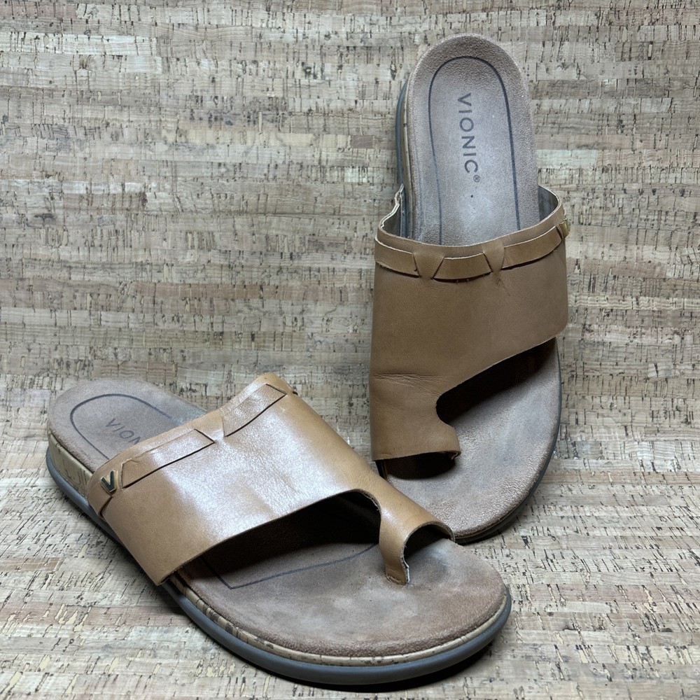 Vionic Womens Cindy Brown Leather Thong Sandals Size 10 with Arch Support