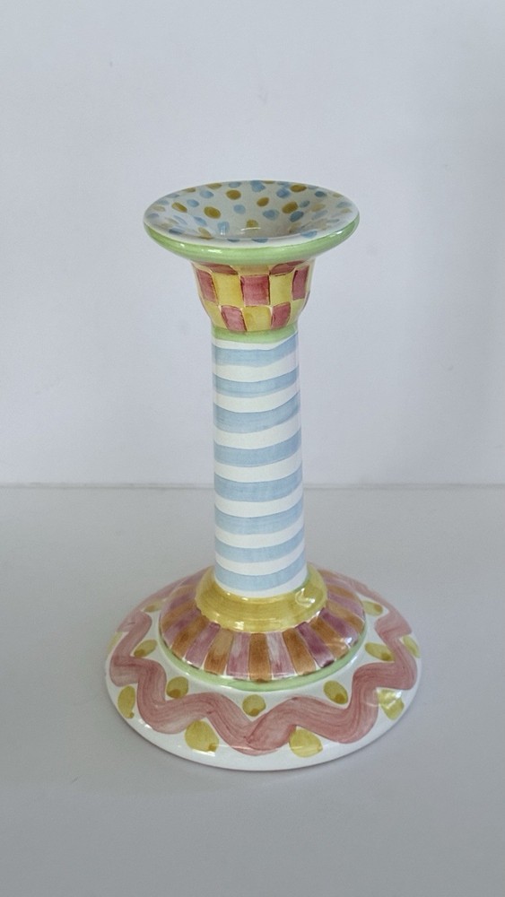Vintage MacKenzie Childs Aurora Pottery Pastel Strioes Candke Stick Holder
