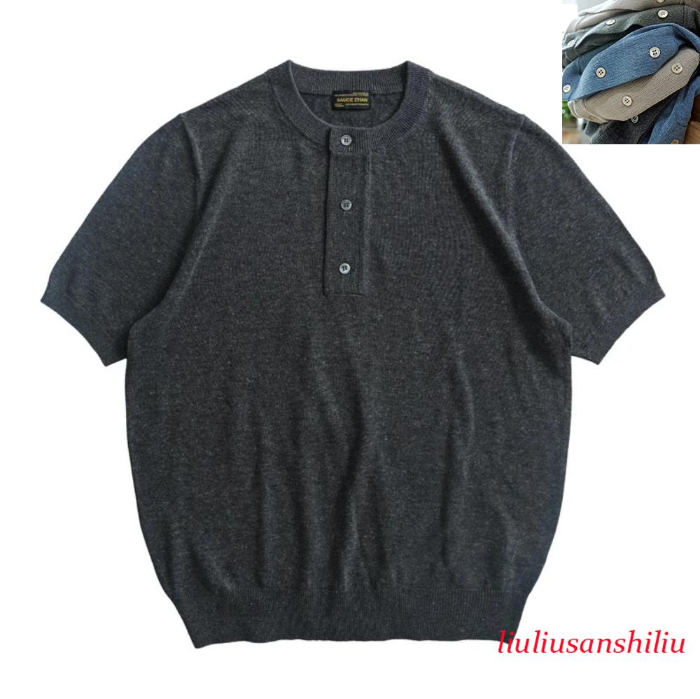 Men’s Summer Knit T-Shirt Short Sleeve Tee Collar Linen Blend Loose Fit