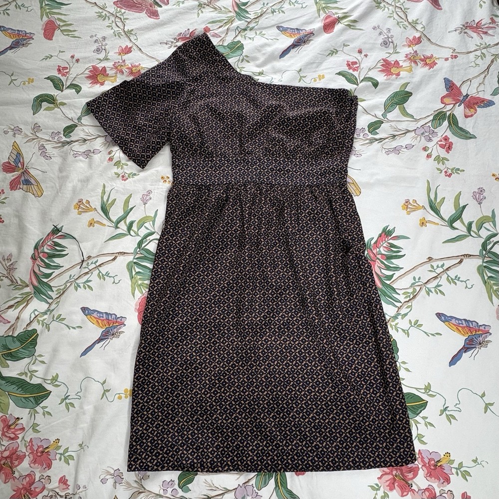 Blue/Tan Patterned Cute One Shoulder Lightweight Dress, Small