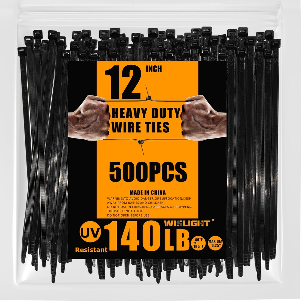 Heavy Duty Black Zip Ties 12 Inch 500pcs 140lb Tensile Strength
