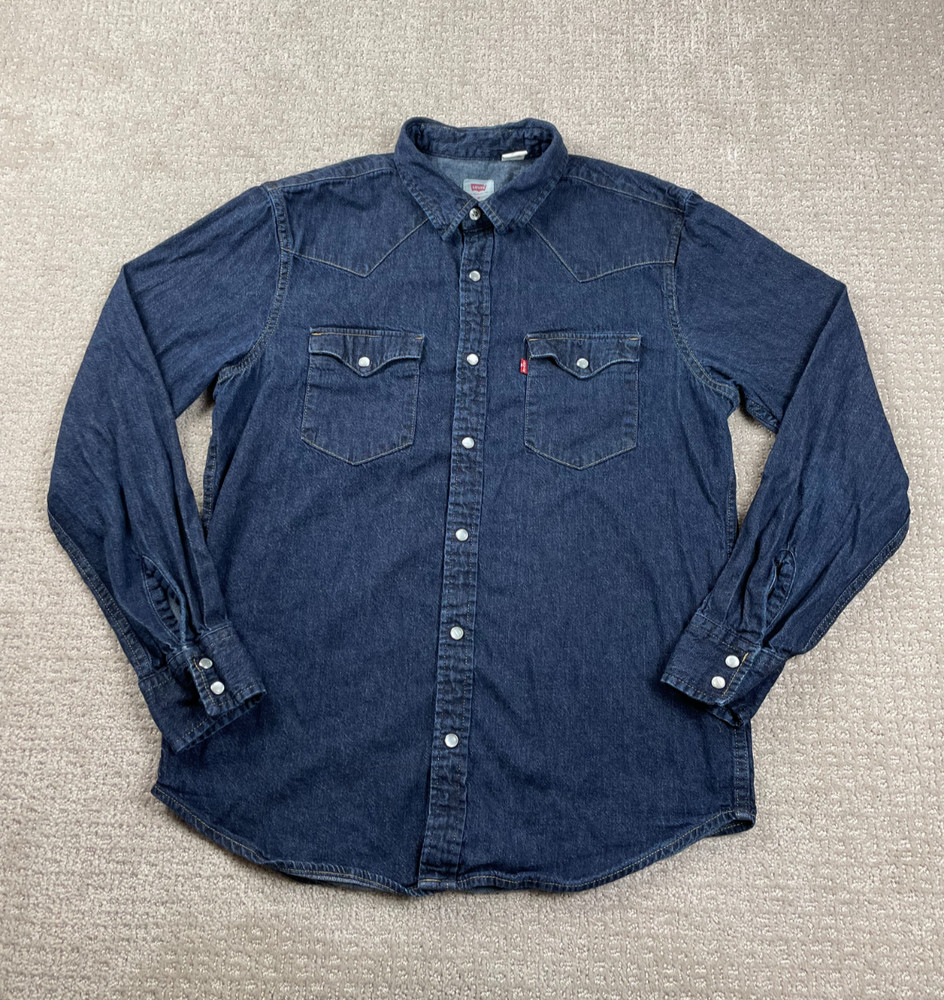 Levi's Denim Shirt Mens M Standard Fit Pearl Snap Long Sleeve Dark Wash Western