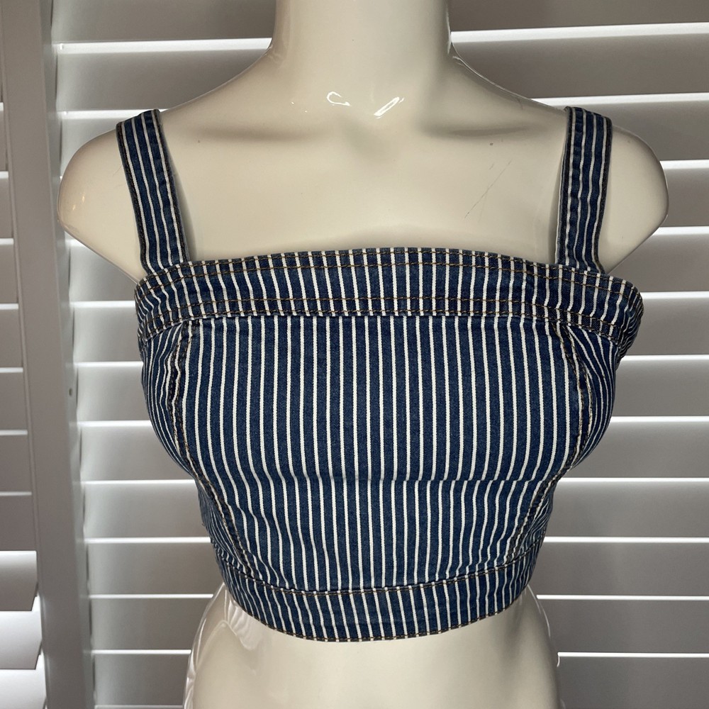 New Juniors Forever 21 Navy White Striped Denim Cropped Tank Top Size Medium