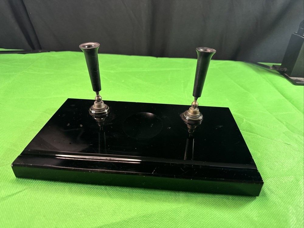 Vintage Black Gloss Marble Base 2 Pen StandBakelite Rest Rare 10x6’’