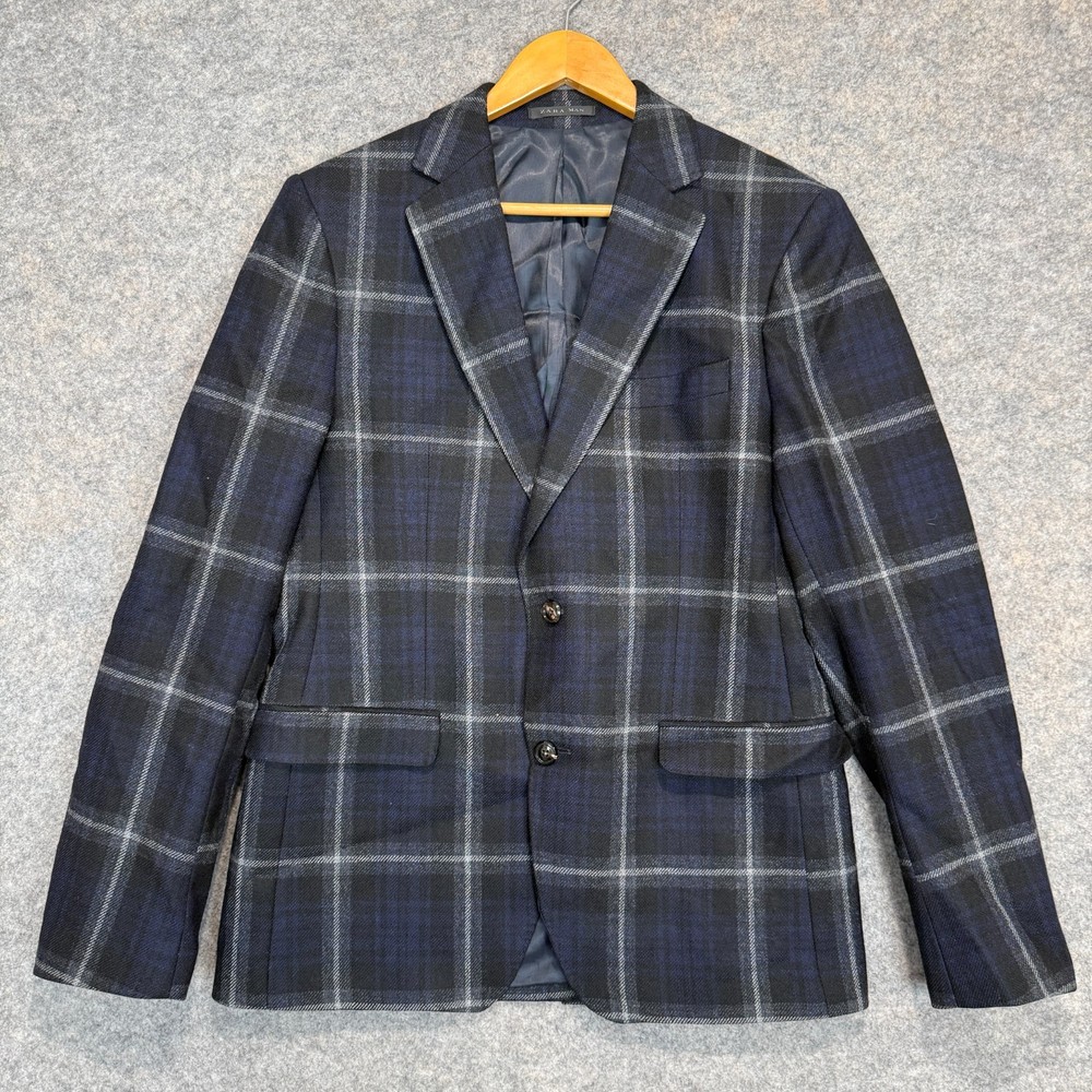 Zara 100% Wool Sports Coat Blazer Jacket Mens 40 Check Plaid Tweed 2 Button Blue