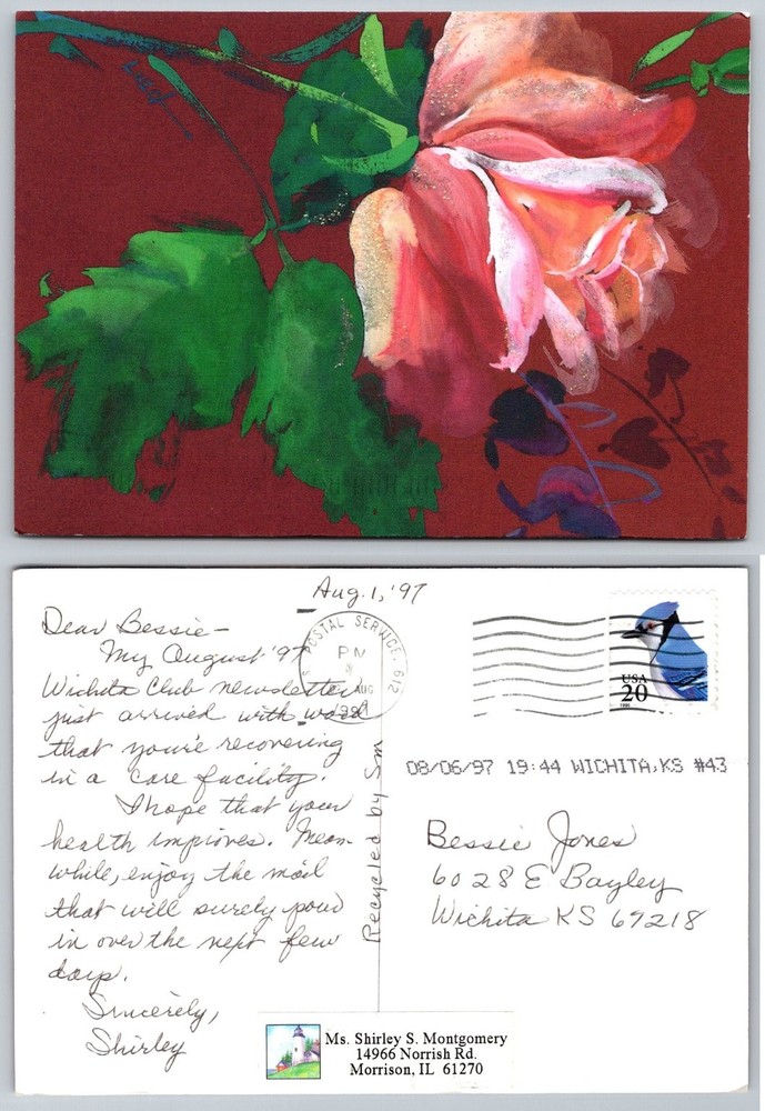 1997 Glitter Rose Floral Postcard Wichita KS Postmark Blue Jay Stamp Art