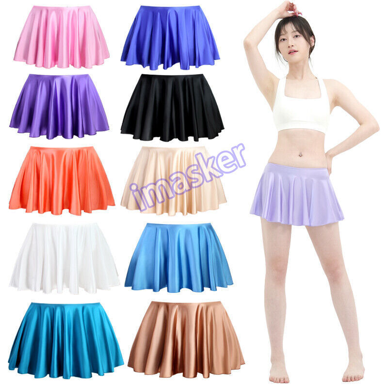 Sexy Glossy Satin Pleated Mini Skirt Ballet Schoolgirl Short Dress