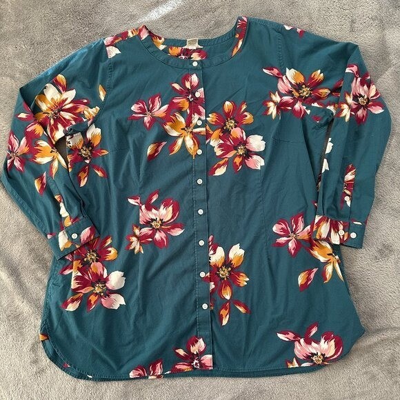 Duluth Trading Co Wrinklefighter Tunic XXL Women's Teal Floral Pockets Blouse