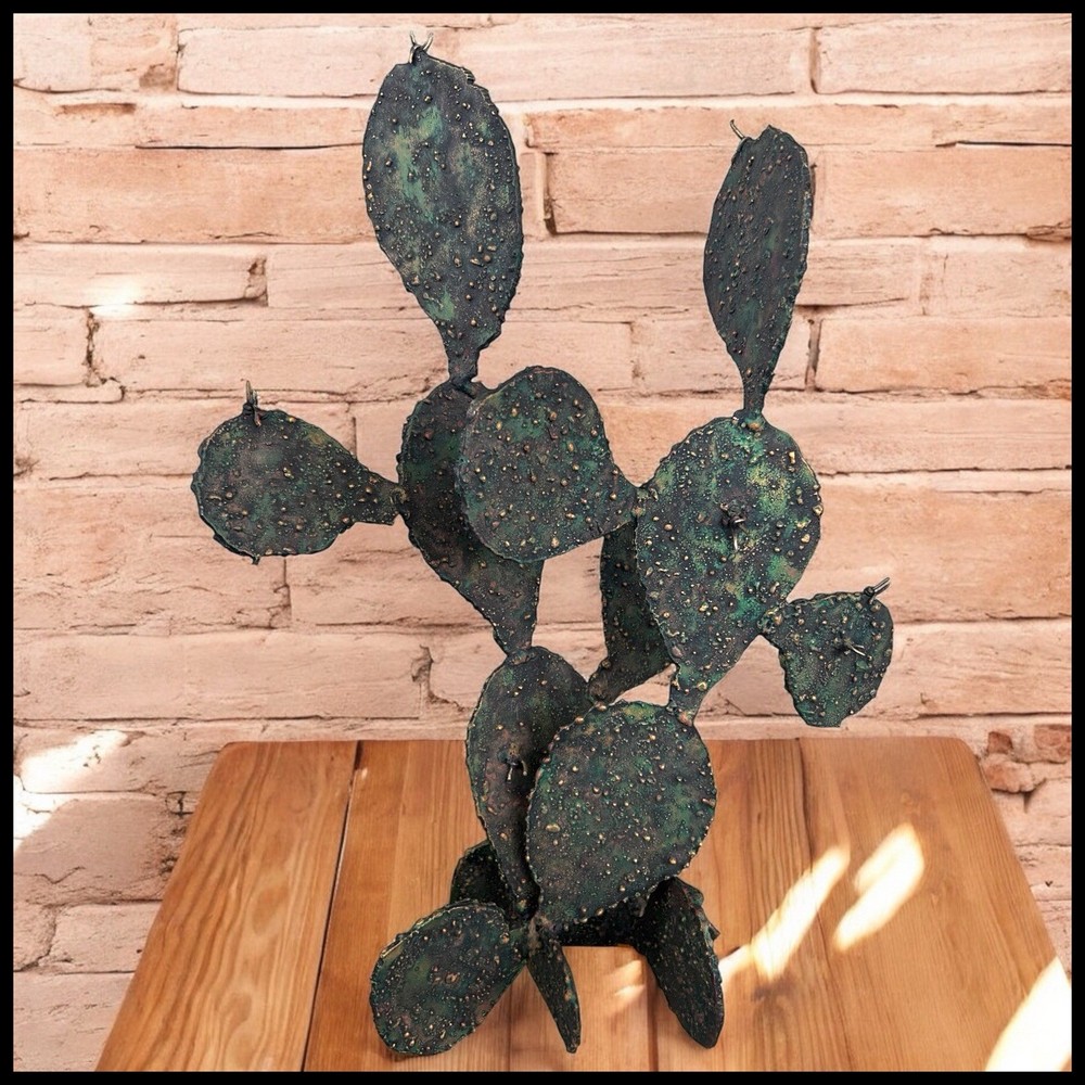 Vintage Brutalist Steel Cactus Sculpture Torch Cut Welded Art
