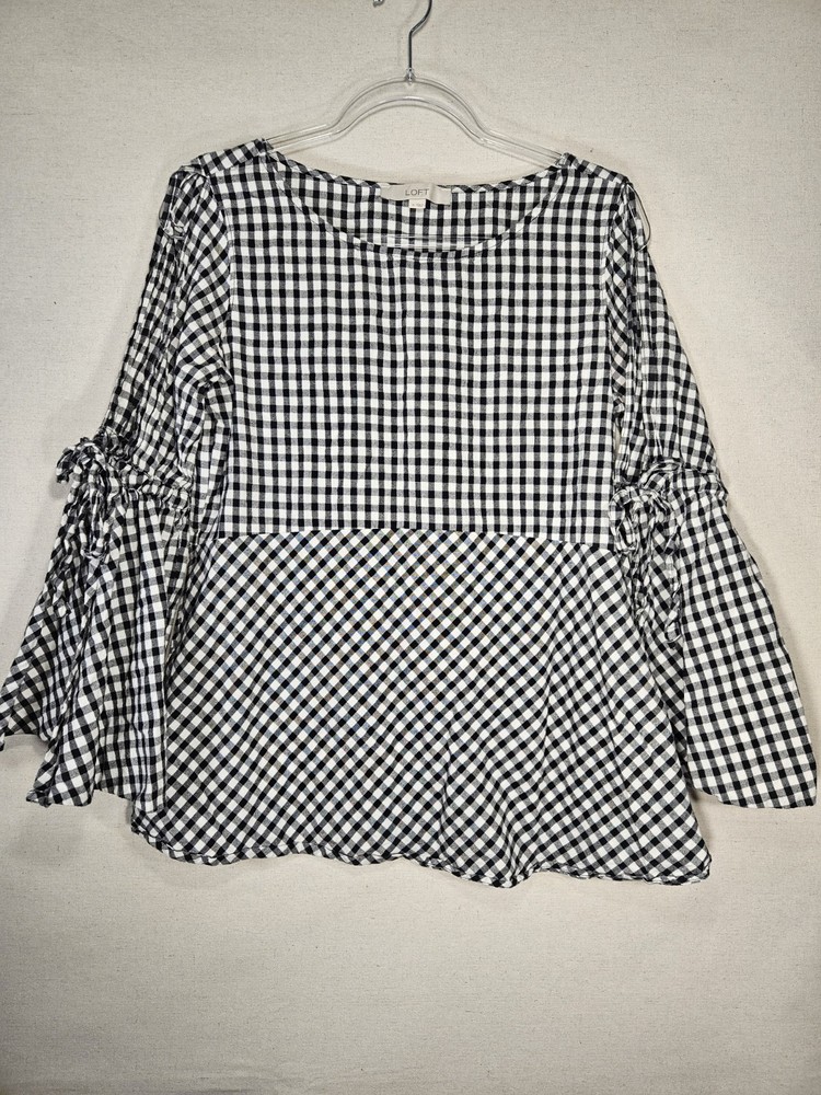 Ann Taylor Loft Womens Top Gingham Black White Bell Sleeve Slits Size Small
