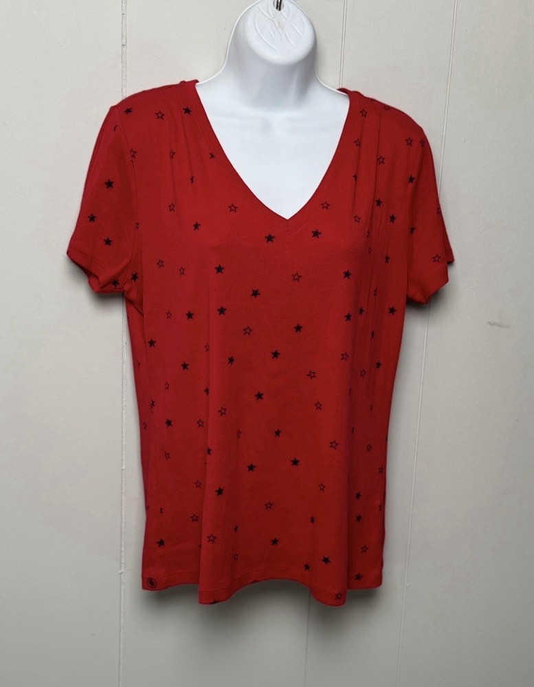 Tommy Hilfiger Red Star-Patterned V Neck 100% Cotton Short Sleeve Top Size L