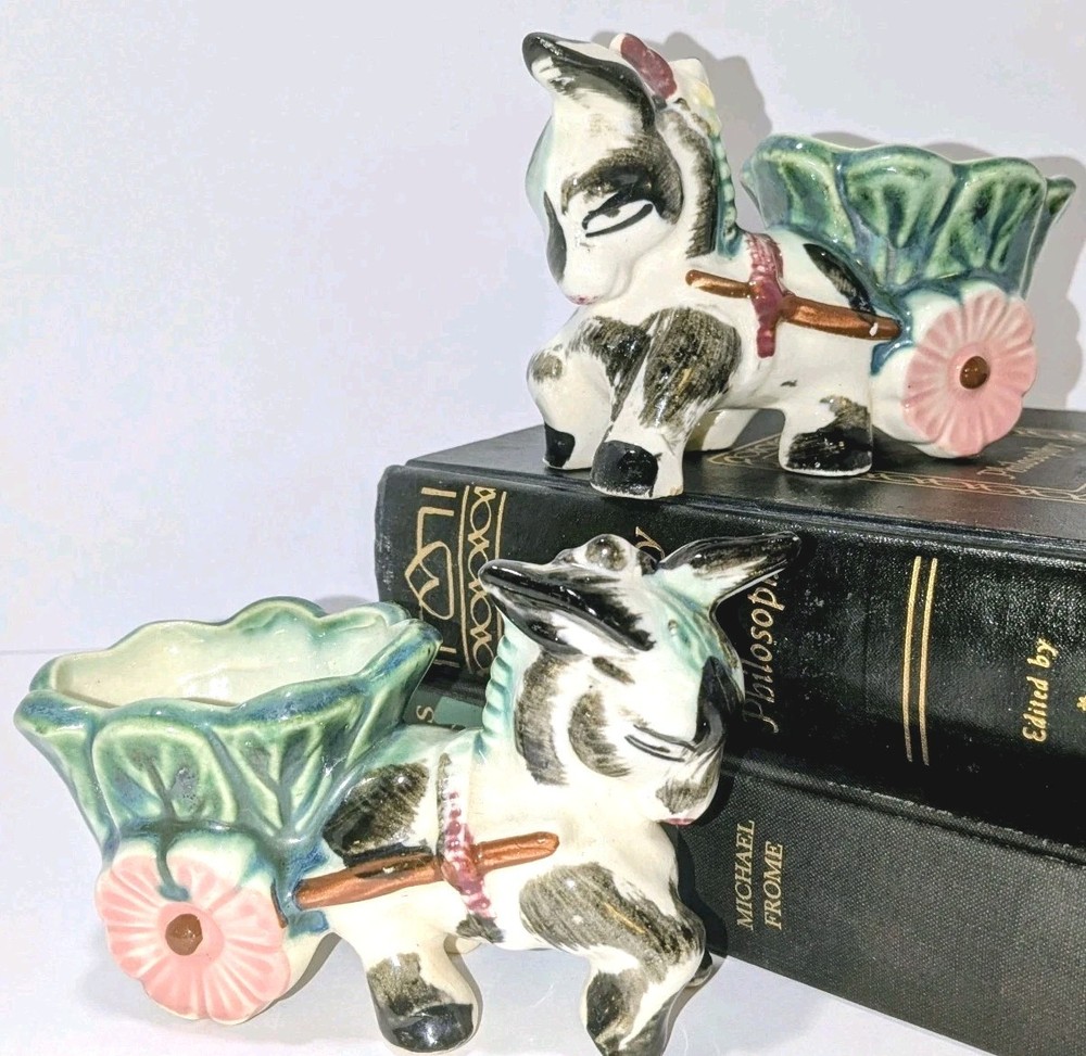 Hand Painted Planters Ceramic Donkey and Cart Made In Japan Vintage