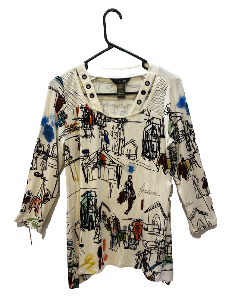 Ali Miles Womens S Mesh Detail Black Hardware City Artsy Abstract Top Graphics-image
