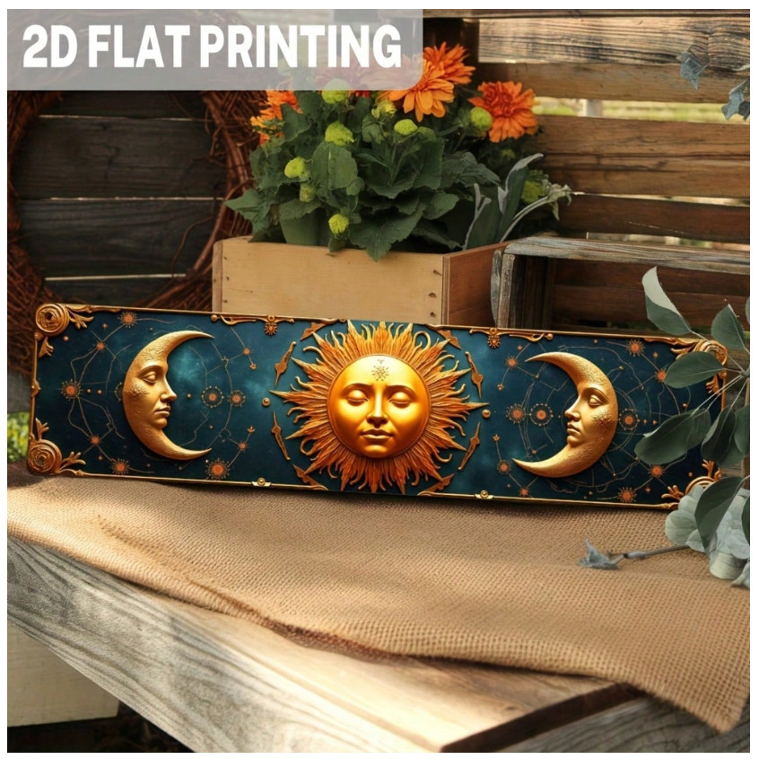 2D Flat intage Celestial Sun And Moon Metal Wall Art 4x16in Cosmic Decor With St