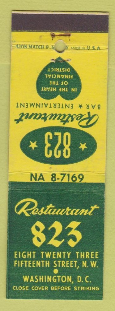 Matchbook Cover - Restaurant 823 Washington DC