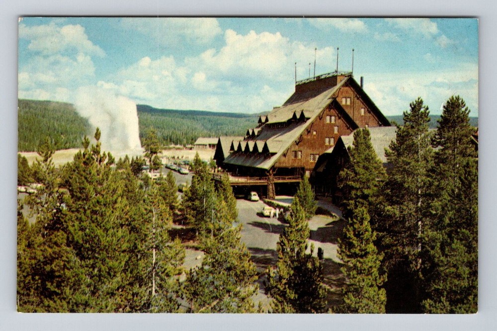 Yellowstone National Park, Old Faithful Inn, Upper Geyser, Vintage Postcard