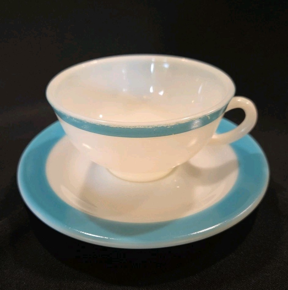 Vintage 1950's Pyrex White & Turquoise Band Cup w/matching saucer plate