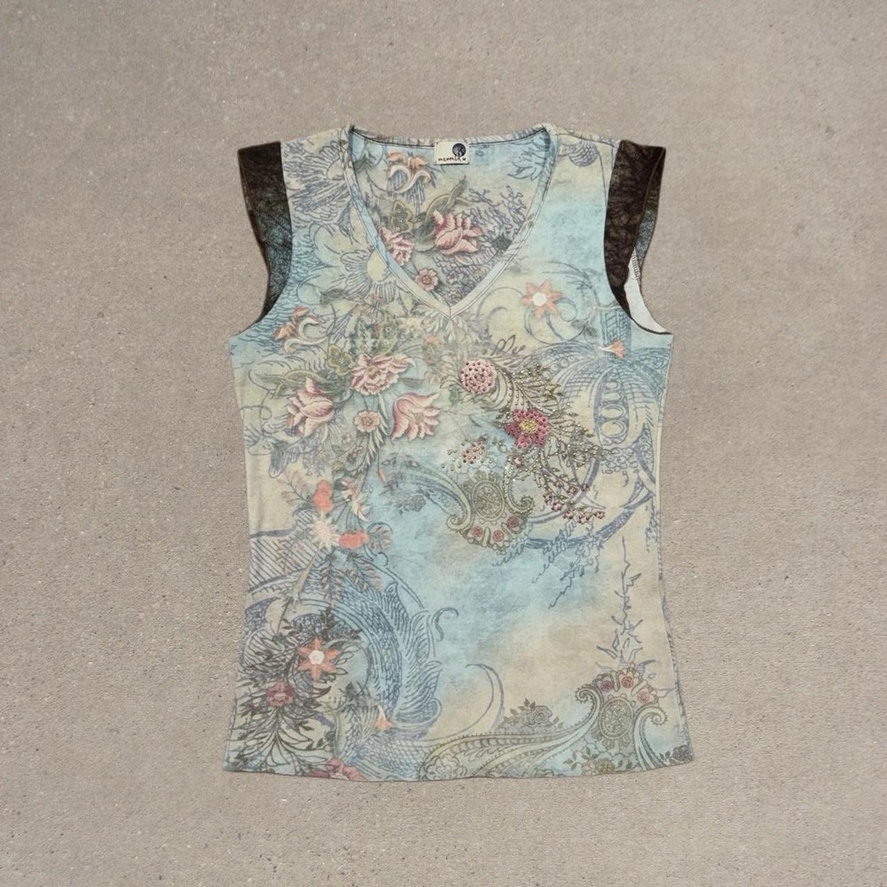 2000s Y2K One World Grunge Fairy Top Floral, Rhinestoned Size Woman's Medium