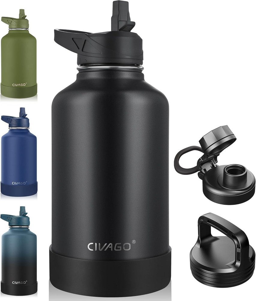 CIVAGO 64 oz Insulated Water Bottle With Straw, Half Gallon 64 Ounces, Black