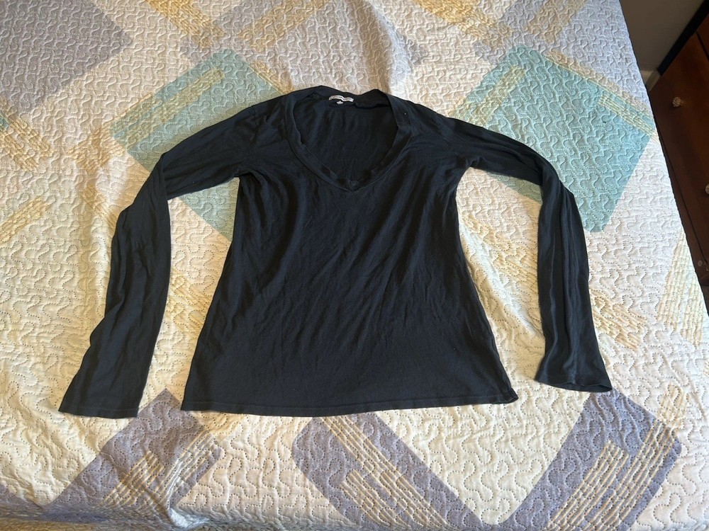 Standard James Perse Womens V-Neck Long Sleeve Black Basic T-Shirt Size 2