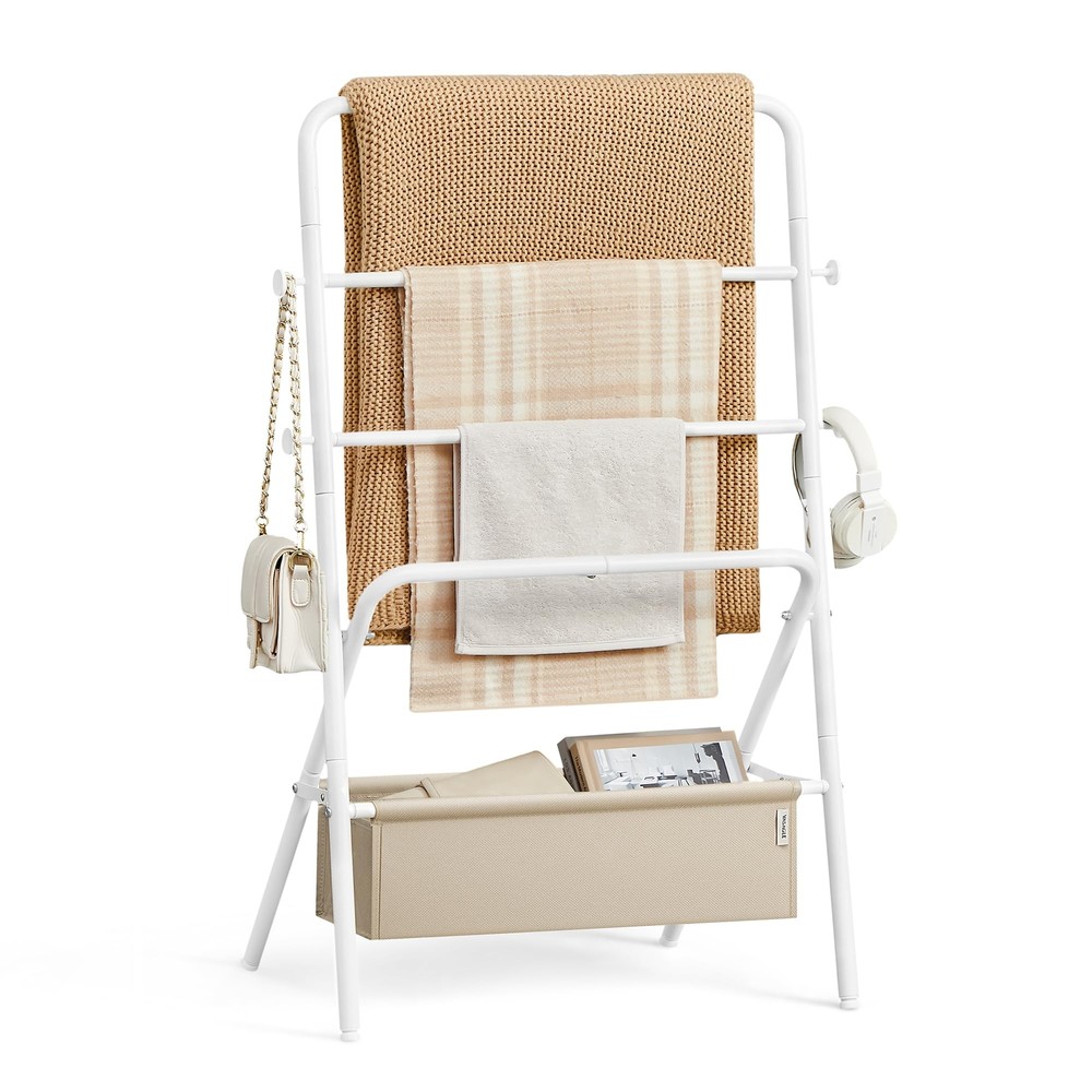 Freestanding Towel Rack, Foldable Blanket Holder, Towel Holder with 4 Hooks, ...