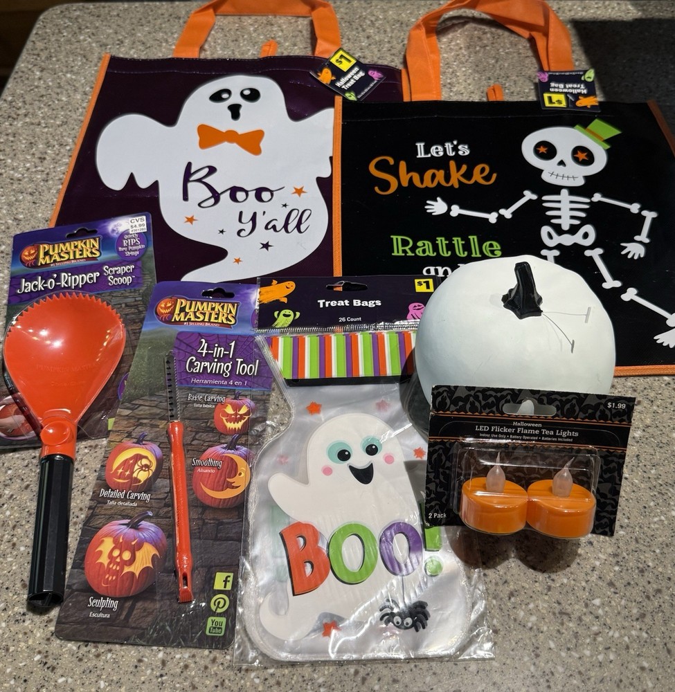 Lot Of 7 Halloween Items: Bags, Pumpkin, Lights, Scraper Scoop, Carving Tool