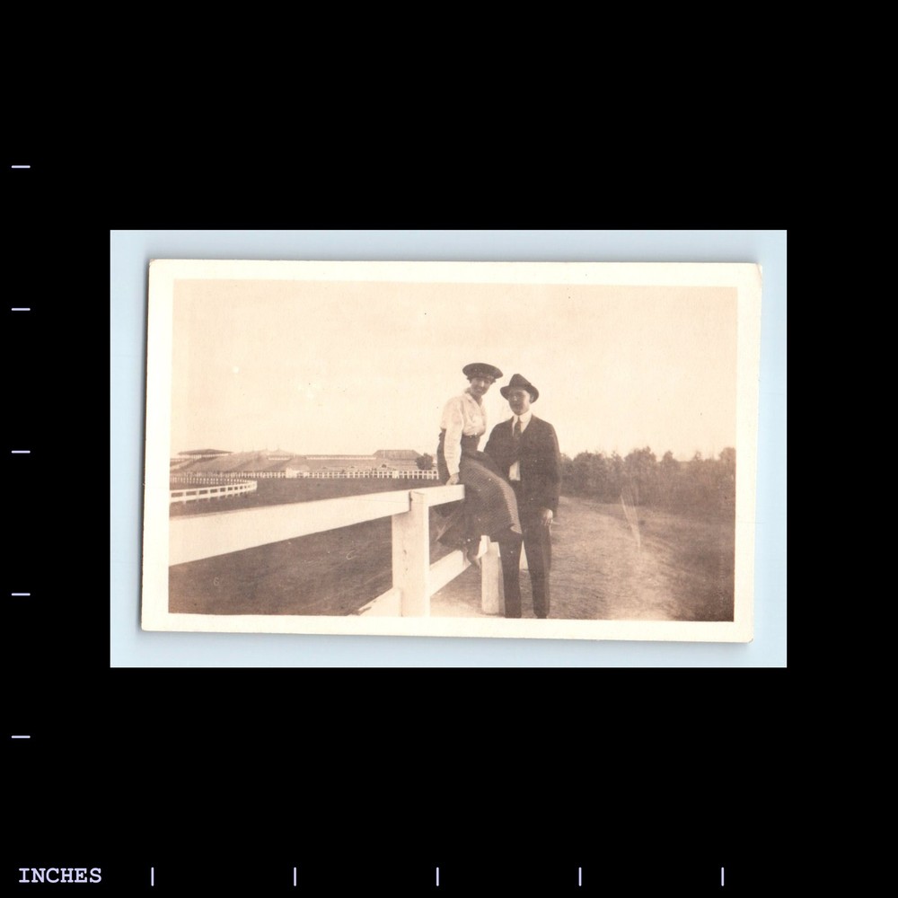 Old Vintage Photo MAN WOMAN COUPLE HORSE TRACK