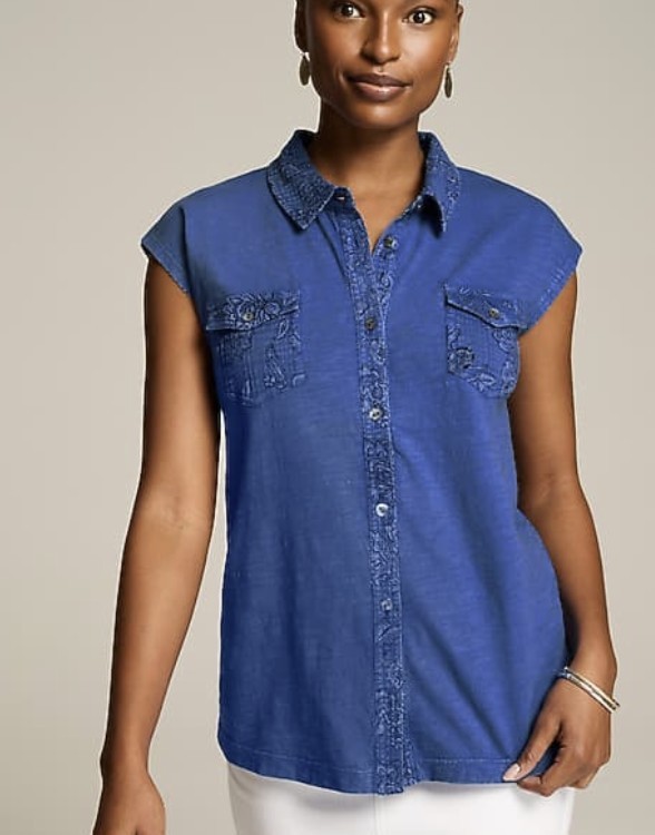 J. JILL Petite Medium Blue Cap Sleeve Shirt Top Bandana Print 100% Cotton