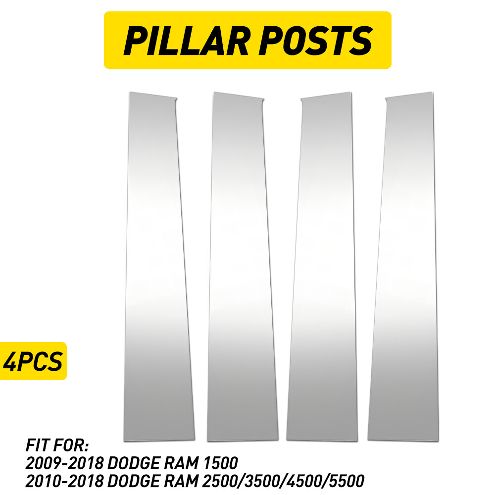 Chrome Pillar Posts for Dodge Ram 2009-2018 4pc Set Window Door Trim Cover Kit I
