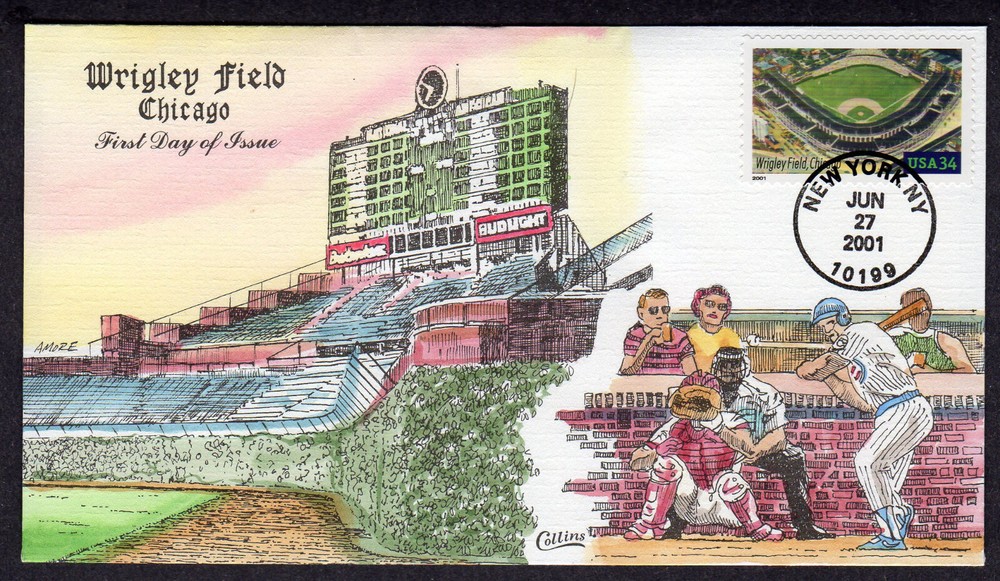 2001 Legendary Playing Fields (3519)Collins Hand Colored WRIGLEY FIELD FDC NW775